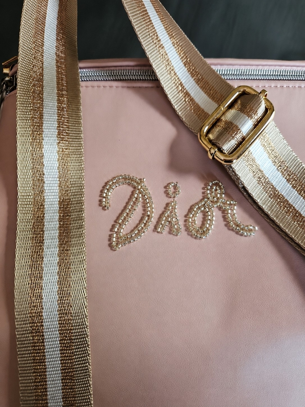 Dior Blush Pink Beaded Logo Crossbody Shoulder Bag with Rose Gold Striped Strap